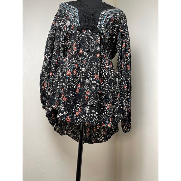 NTW Angie Women's Paisley Lace Hem Boho Floral Elastic Waist Blouse Black L - Picture 6 of 10